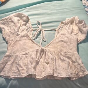 Miami Blue and White Ruffled Tie Front Crop Blouse